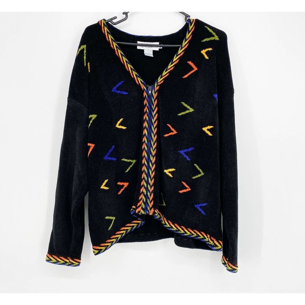 Vintage Richard and Company Chenille Sweater‎ Full Zip Black Rainbow Colorful L
